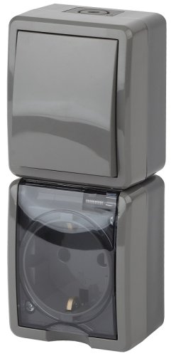 Блок накладной вертикальный Эра Эксперт розетка 1-м.+выключатель 1-кл. IP54 серый картинка